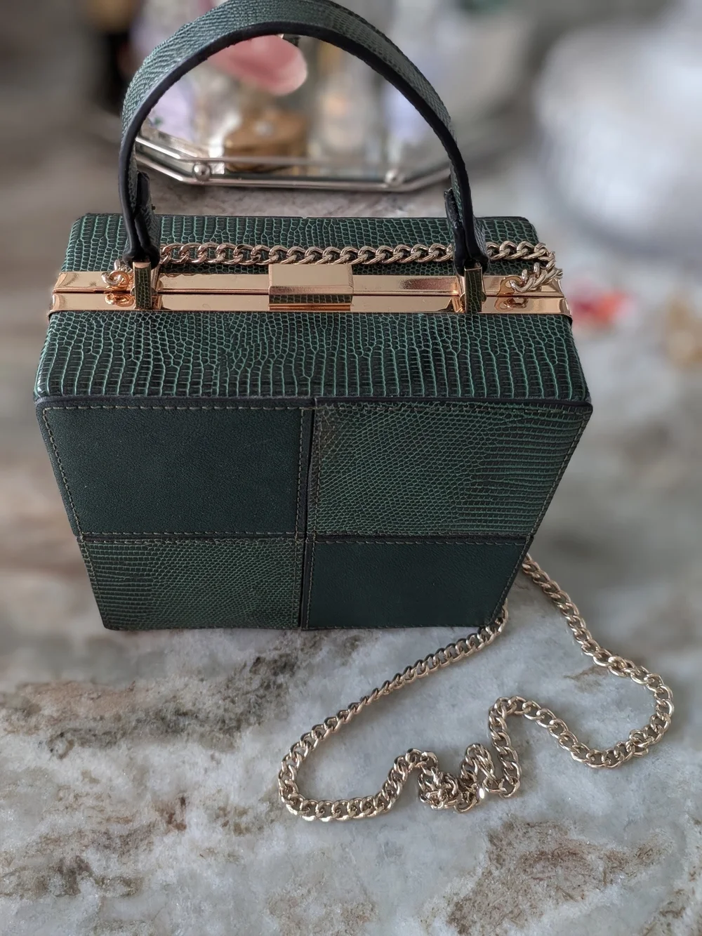 Topshop Dark Green Patchwork Box Satchel with Gold Chain